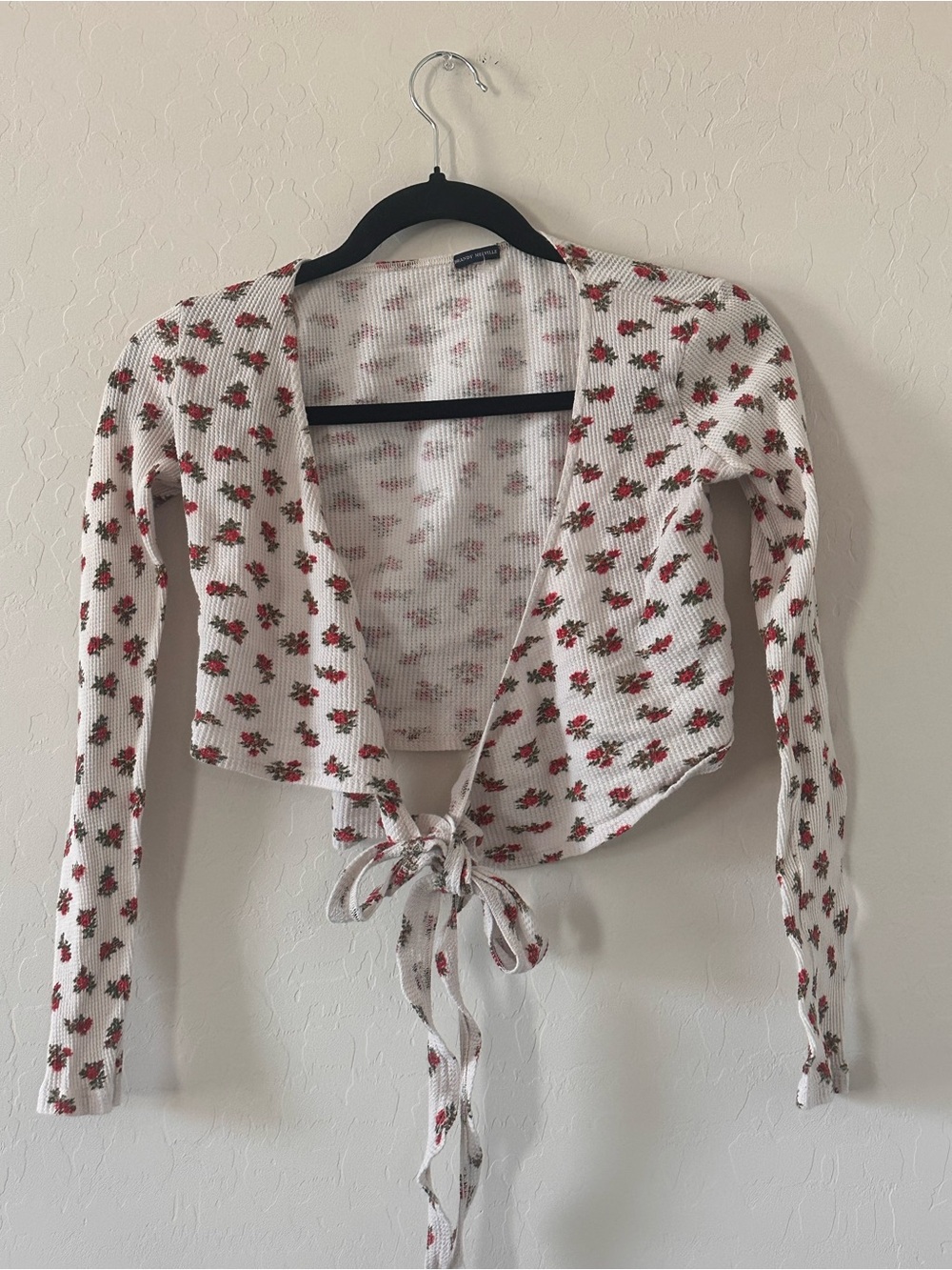 Brandy Melville Cream Waffle Knit Floral Tie-Front Top